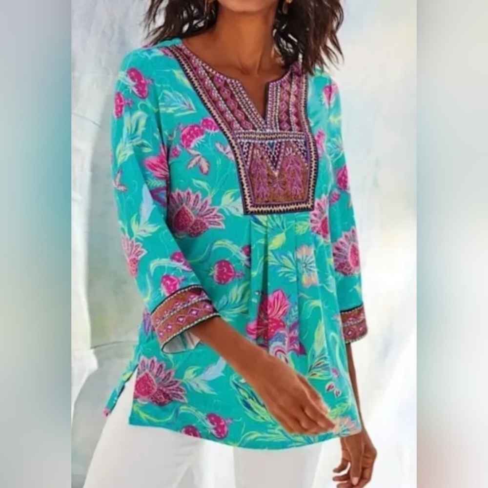 Soft Surrounding Beaded Maddalena Tunic Aqua Embroidery Colorful Top Size S